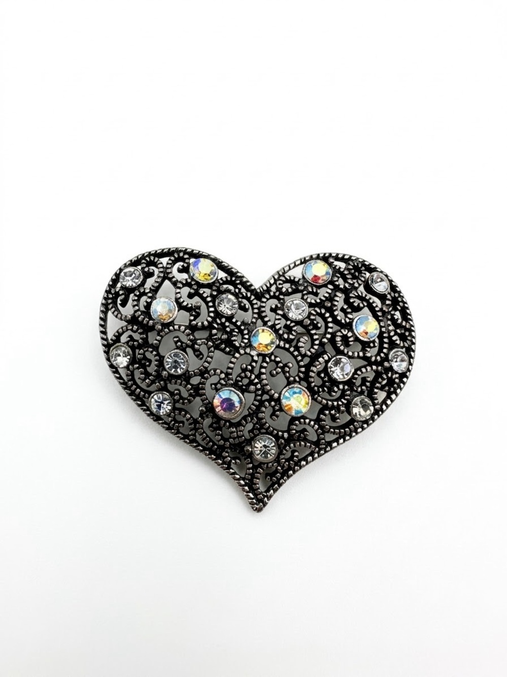 Vintage Filigree Heart Brooch Antique Silver Tone Crystal & Aurora Borealis Pin